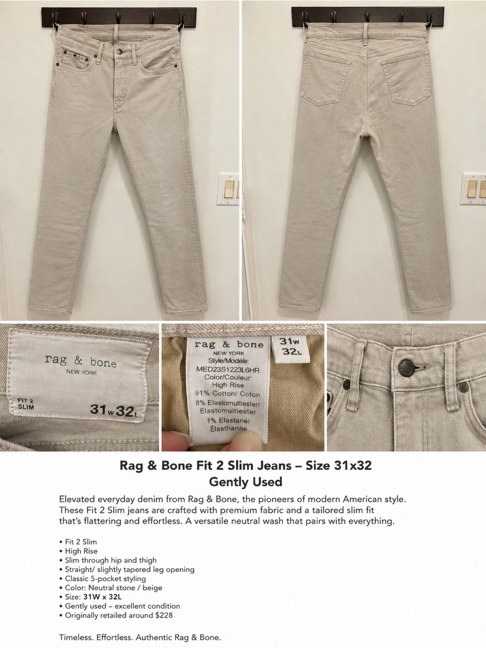 Rag & Bone Fit 2 Slim Jeans Beige Neutral Wash Size 31x32